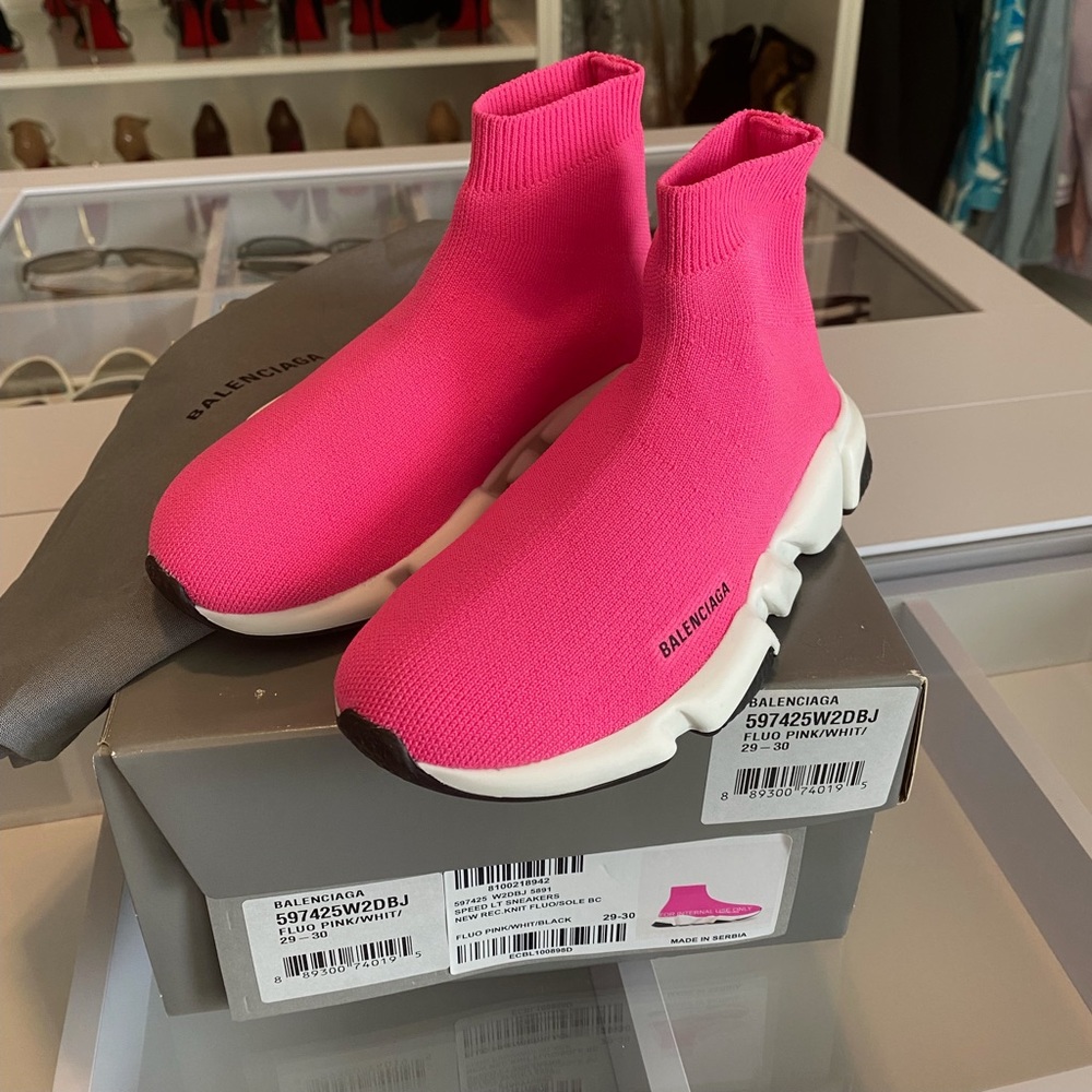 Balenciaga Fluo Kids Neon Pink Knit Sock Sneakers Brand New In Box EU 29-30